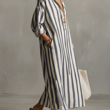 Camisa casual às riscas e vestido maxi de estilo boémio