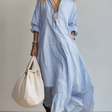 Vestido maxi de riscas azuis de estilo camisero folgado