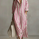 Camisa casual às riscas e vestido maxi de estilo boémio
