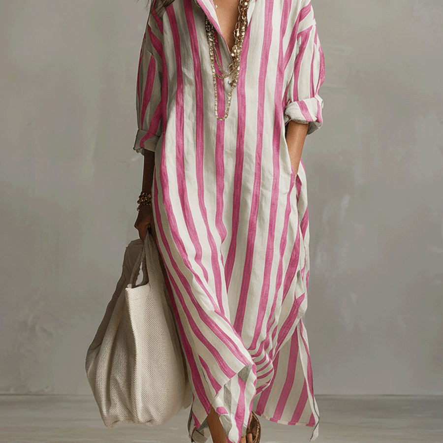Camisa casual às riscas e vestido maxi de estilo boémio