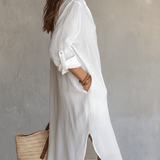 Vestido midi branco boémio e relaxado
