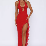 VESTIDO HALTER MIDI COM FOLHOS