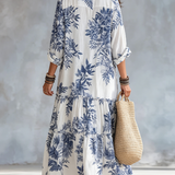 Dália | Vestido Maxi Camisola em Camadas Floral Azul Boémio
