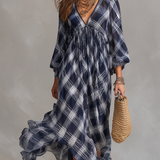Vestido maxi fluido de estilo francês, azul marinho a quadrados, de corte relaxado