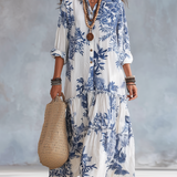 Dália | Vestido Maxi Camisola em Camadas Floral Azul Boémio