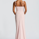 VESTIDO COMPRIDO ACETINADO COM DECOTE QUADRADO E ABERTURA