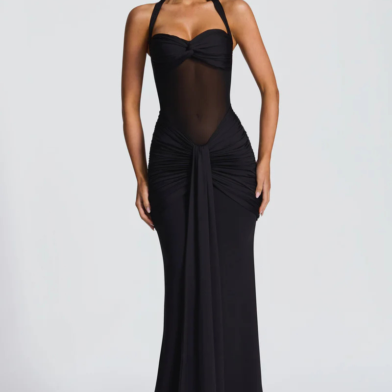 VESTIDO LONGO HALTER COM RUCHES