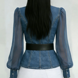Zaya™ - Blusa Jeans com Mangas de Chiffon Fluido