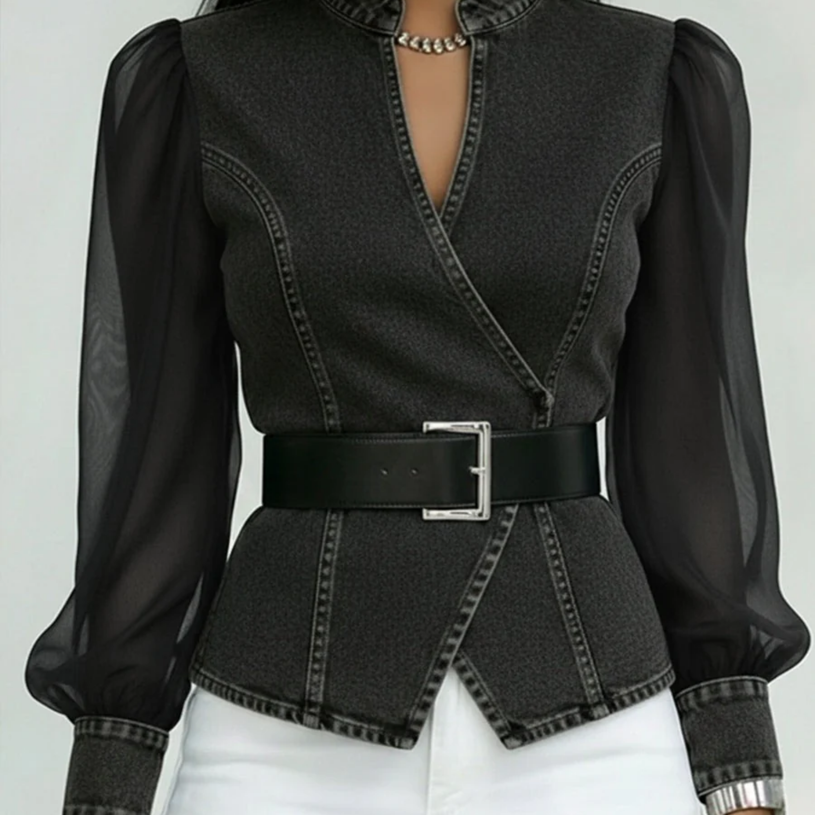Zaya™ - Blusa Jeans com Mangas de Chiffon Fluido