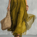 Vestido maxi boémio verde oliva com silhueta drapeada