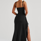VESTIDO COMPRIDO ACETINADO COM DECOTE QUADRADO E ABERTURA