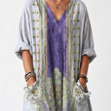 Raina | Vestido Midi Oversized com Painel em Contraste e Bordado