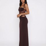 VESTIDO COMPRIDO COM PAINEL DE RENDA E CORTE AJUSTADO