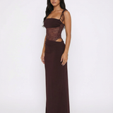 VESTIDO COMPRIDO COM PAINEL DE RENDA E CORTE AJUSTADO