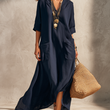 Vestido camisero boémio azul meia-noite