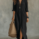 Vestido maxi boémio negro com botões na parte da frente