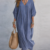 Vestido longo minimalista de riscas azuis