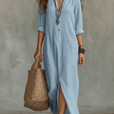 Vestido maxi boémio negro com botões na parte da frente