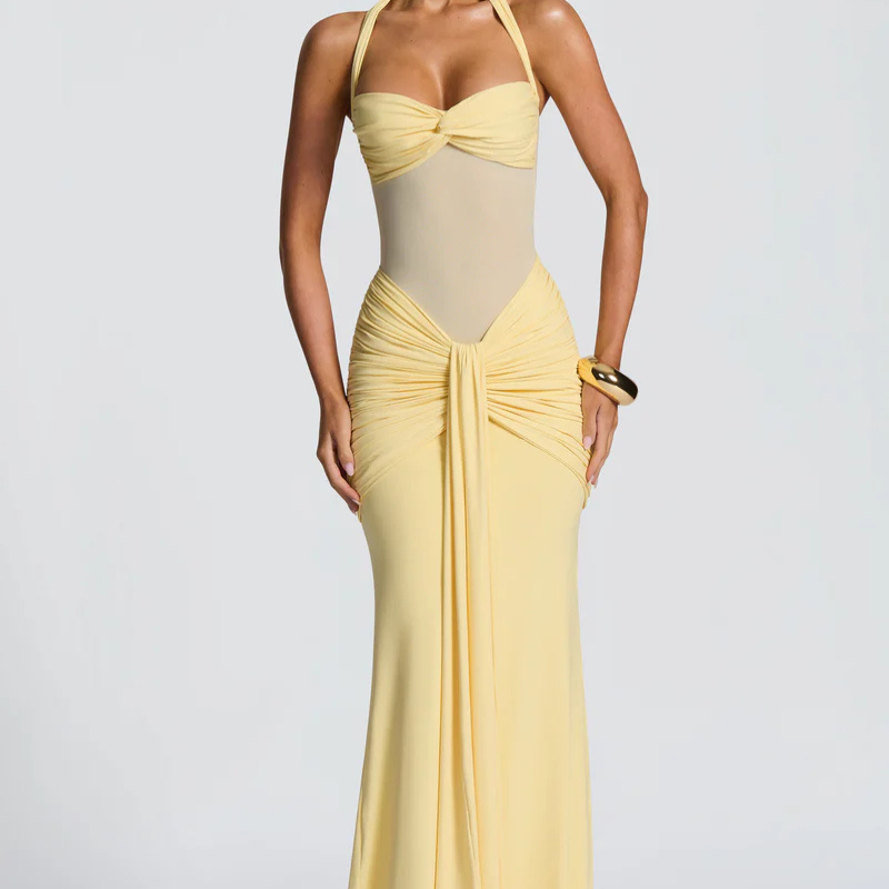 VESTIDO LONGO HALTER COM RUCHES