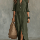 Vestido maxi boémio negro com botões na parte da frente