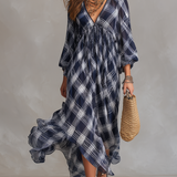 Vestido maxi fluido de estilo francês, azul marinho a quadrados, de corte relaxado
