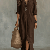 Vestido maxi boémio negro com botões na parte da frente