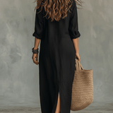 Vestido maxi boémio negro com botões na parte da frente
