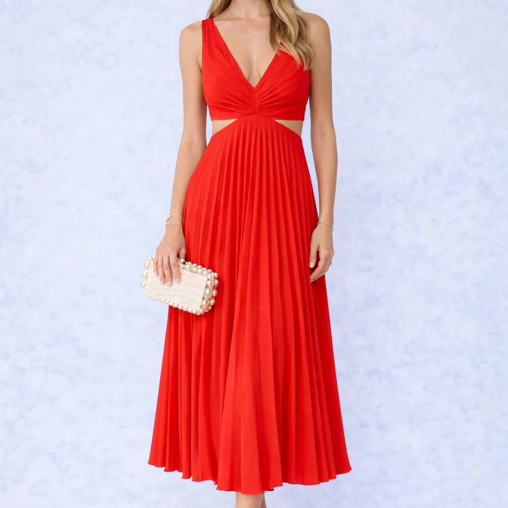 VESTIDO MIDI PLISSADO COM DECOTE CRUZADO