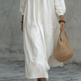 Vestido maxi branco boémio com bordado de flores e mangas balão