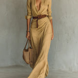 Camille™ | Vestido maxi com lapela e cinto na cintura