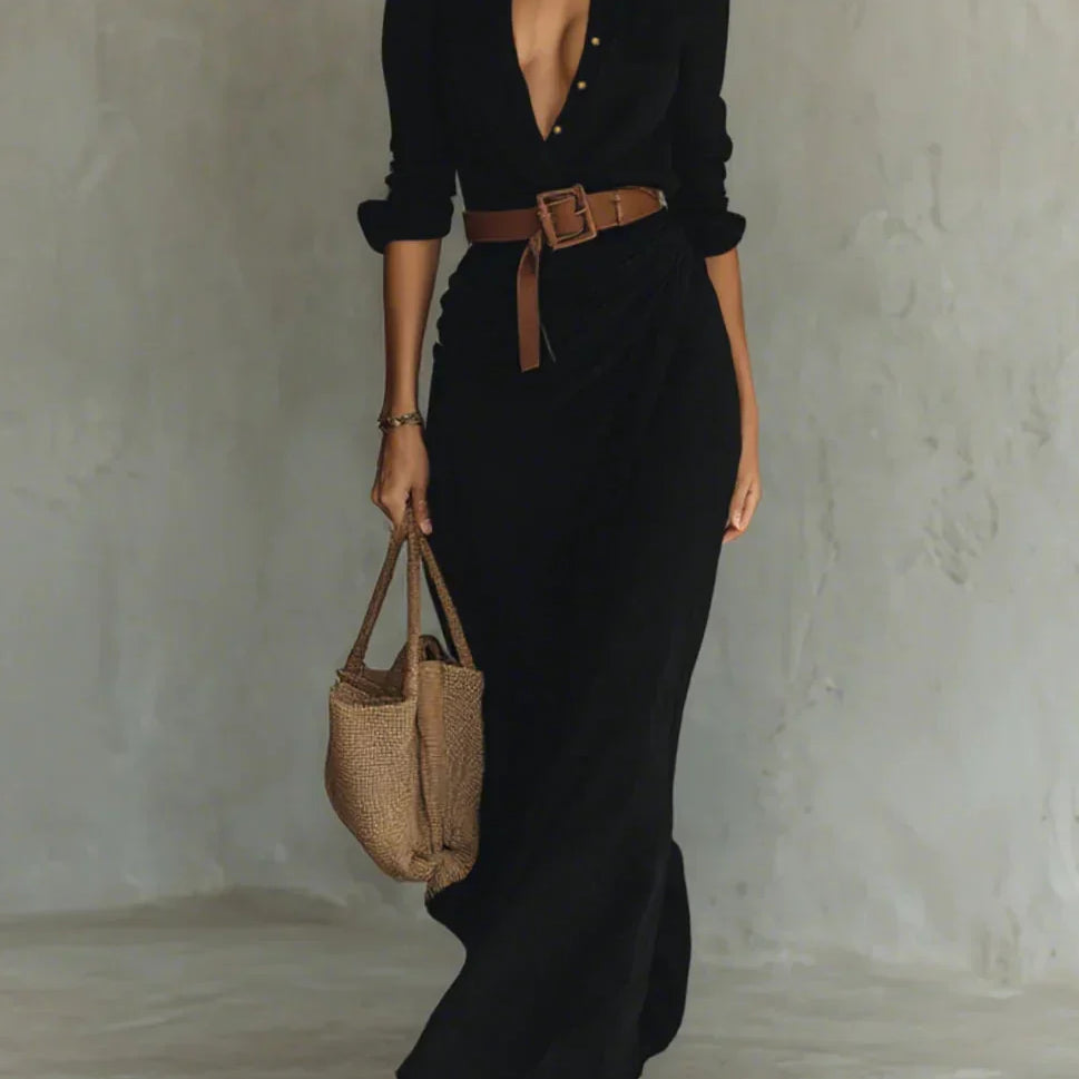 Camille™ | Vestido maxi com lapela e cinto na cintura