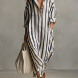 Camisa casual às riscas e vestido maxi de estilo boémio