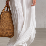 Vestido caftão maxi branco bordado boémio com decote em V e textura amarrotada