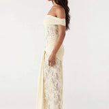 VESTIDO COMPRIDO DE RENDA DRAPEADO