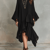 Elegante vestido midi boémio negro assimétrico com pregas