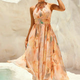 VESTIDO MIDI HALTER TONS PASTEIS AGUARELA