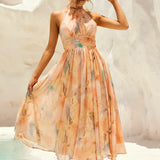 VESTIDO MIDI HALTER TONS PASTEIS AGUARELA
