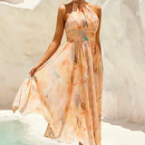 VESTIDO MIDI HALTER TONS PASTEIS AGUARELA