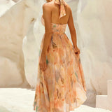 VESTIDO MIDI HALTER TONS PASTEIS AGUARELA