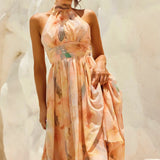 VESTIDO MIDI HALTER TONS PASTEIS AGUARELA