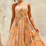 VESTIDO MIDI HALTER TONS PASTEIS AGUARELA