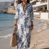 Dália | Vestido Maxi Camisola em Camadas Floral Azul Boémio