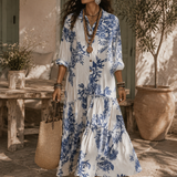 Dália | Vestido Maxi Camisola em Camadas Floral Azul Boémio