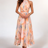 VESTIDO MIDI HALTER TONS PASTEIS AGUARELA
