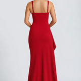 VESTIDO COMPRIDO ACETINADO COM DECOTE QUADRADO E ABERTURA