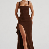 VESTIDO COMPRIDO ACETINADO COM DECOTE QUADRADO E ABERTURA