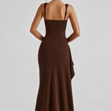 VESTIDO COMPRIDO ACETINADO COM DECOTE QUADRADO E ABERTURA