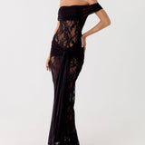 VESTIDO COMPRIDO DE RENDA DRAPEADO