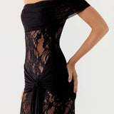 VESTIDO COMPRIDO DE RENDA DRAPEADO
