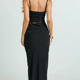 VESTIDO MAXI ACETINADO COM CORPETE DE RENDA